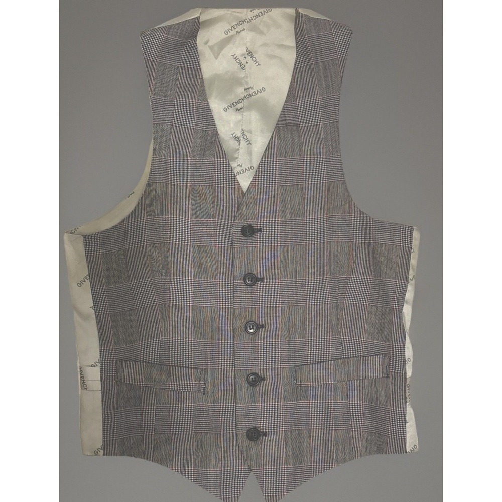 Vtg RARE Givenchy formal plaid vest waistcoat grey glen check silk script XS/S